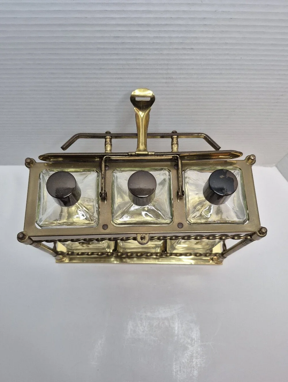 Vintage Tantalus Decanter Set Mid Century Modern Bar Caddy Liquor Glass Bottles